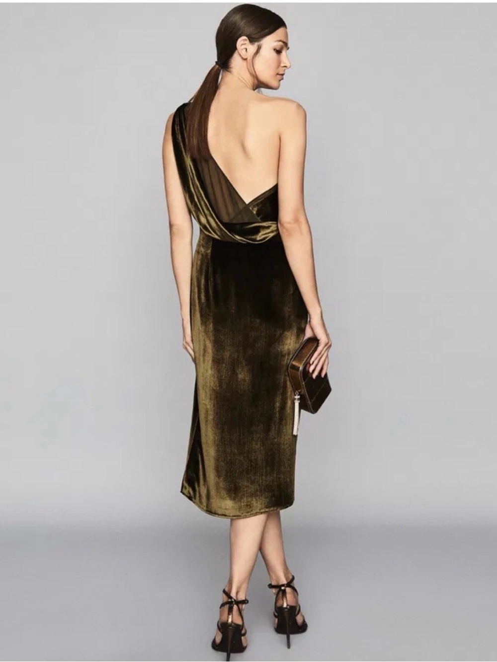 Reiss Eden Olive Silk Velvet One-Shoulder Midi Dress - Picture 5 of 7